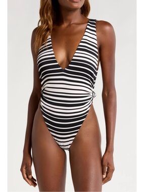 Volcom Stay In Line  Black & White Striped V-Neck One-Piece Swimsuit